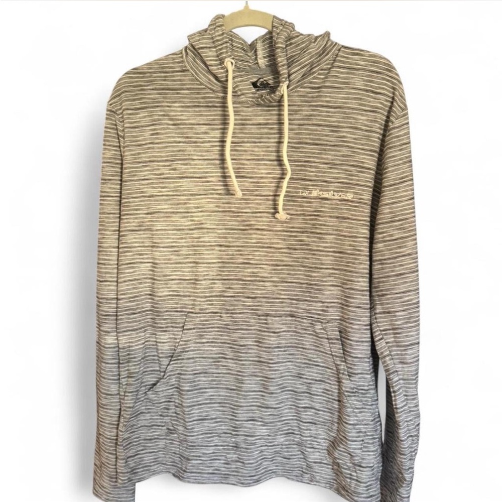 Quiksilver—Men’s Grey and White Striped Lightweight Hoodie